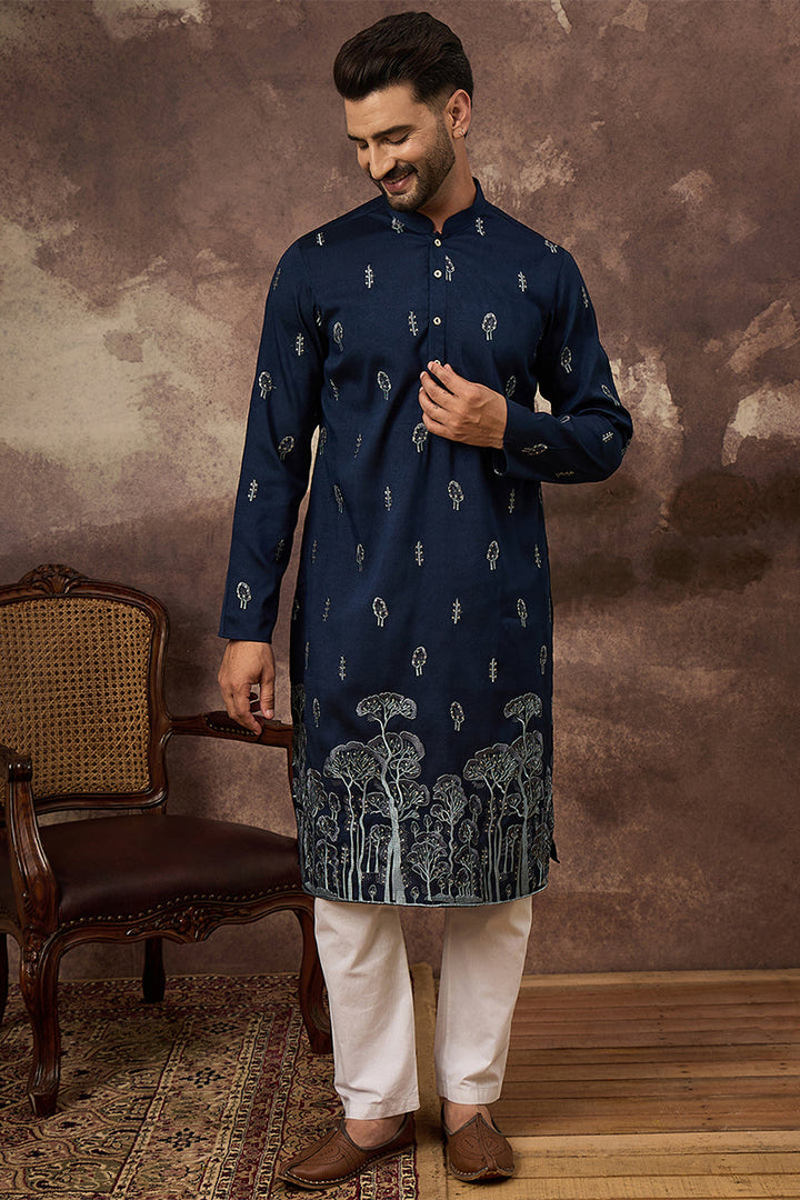 Navy Blue Silk Blend Solid Embroidered Straight Kurta | SHOBITAM