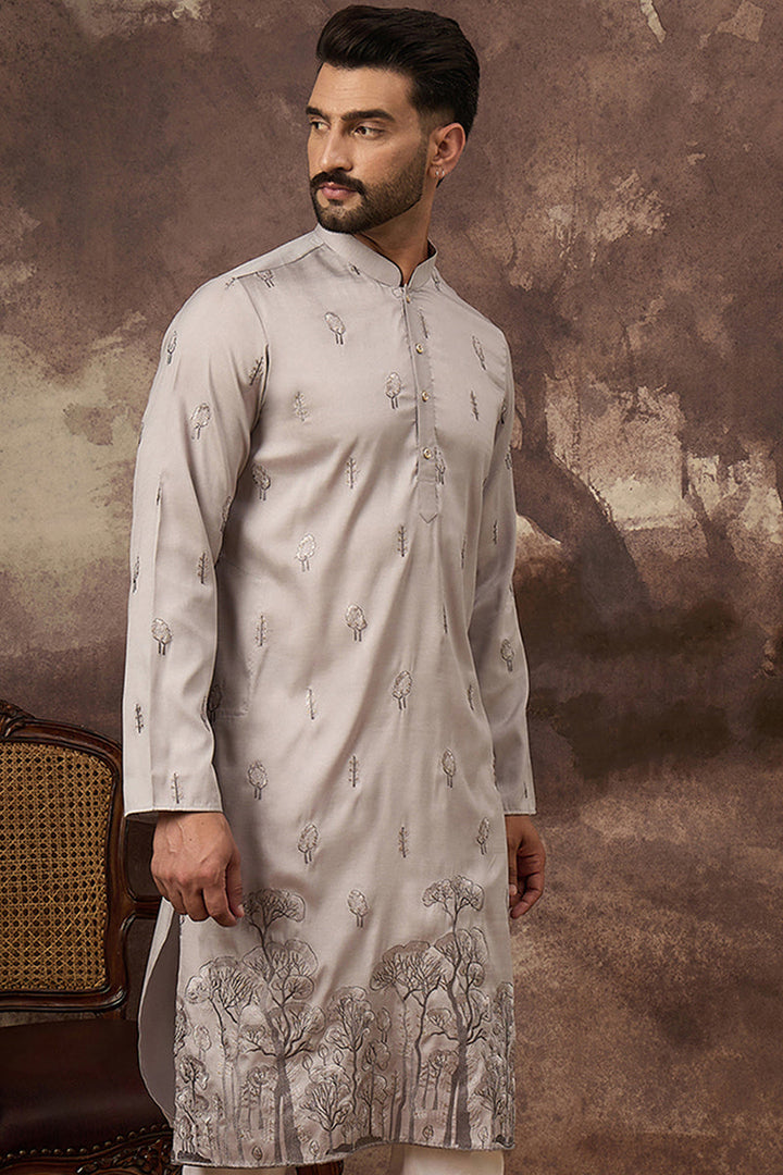 Grey Silk Blend Solid Embroidered Straight Kurta | SHOBITAM