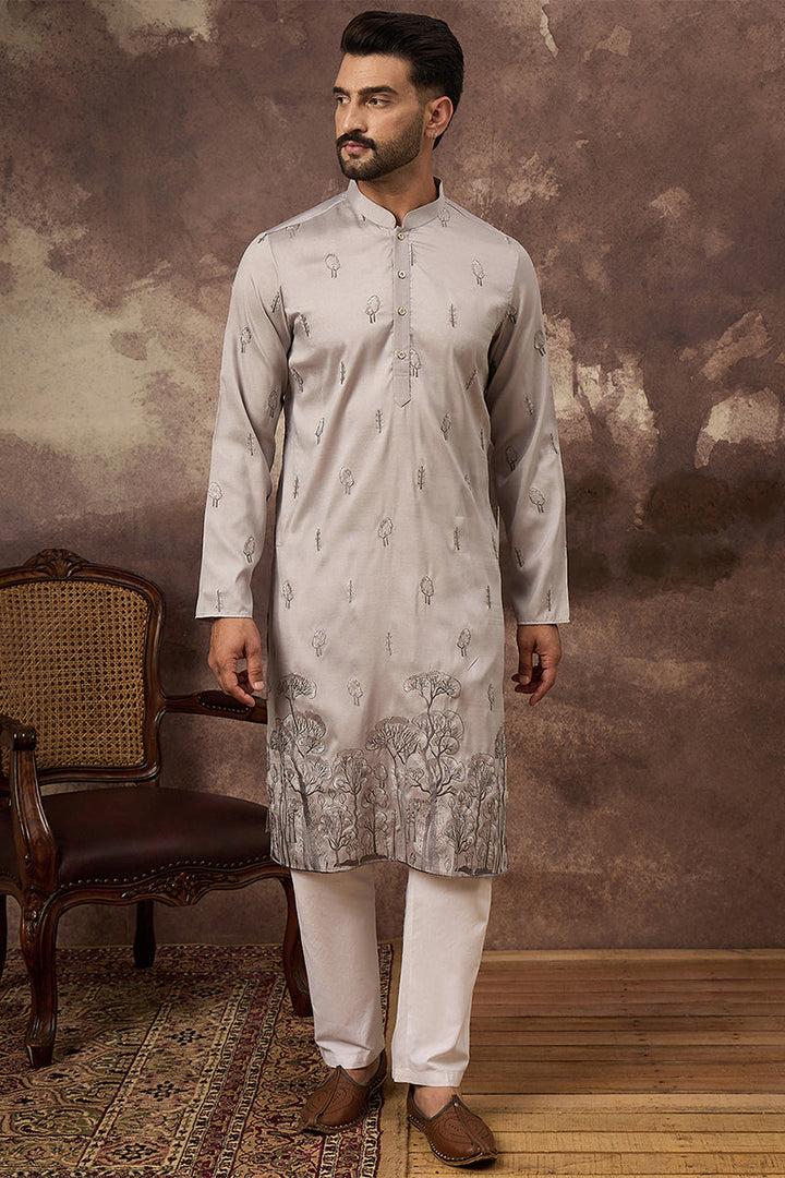 Grey Silk Blend Solid Embroidered Straight Kurta | SHOBITAM