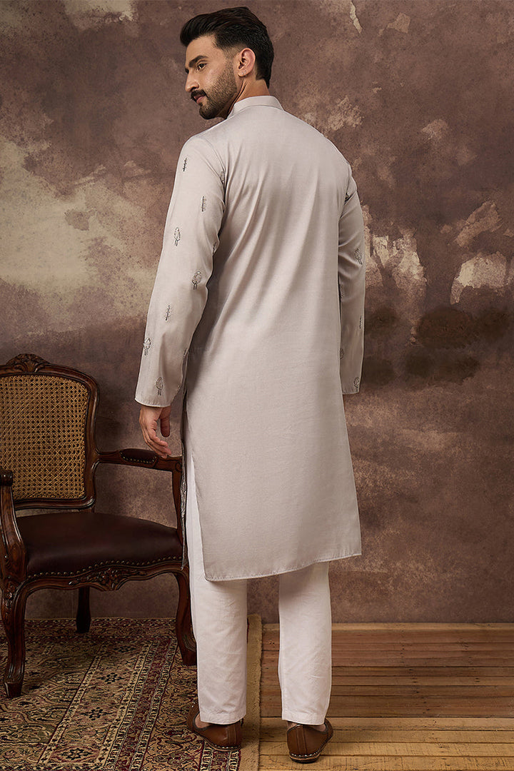 Grey Silk Blend Solid Embroidered Straight Kurta | SHOBITAM