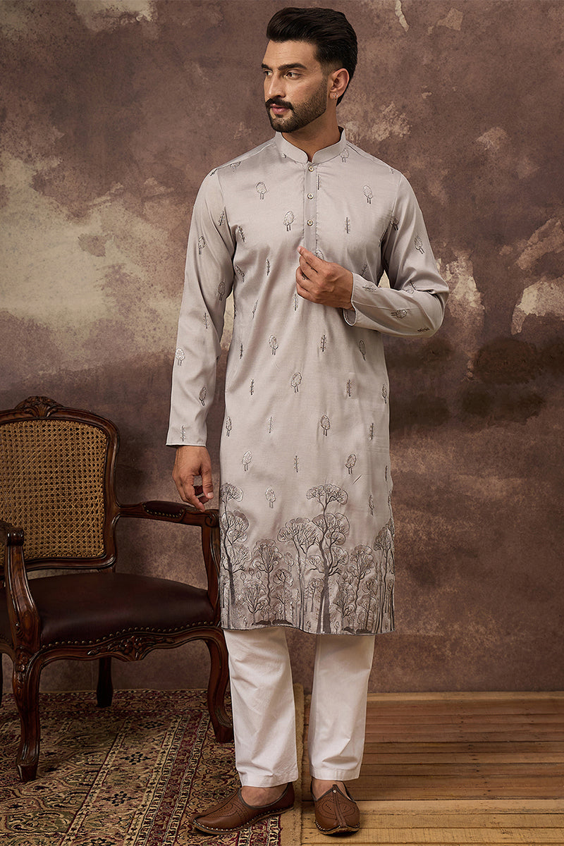 Grey Silk Blend Solid Embroidered Straight Kurta | SHOBITAM