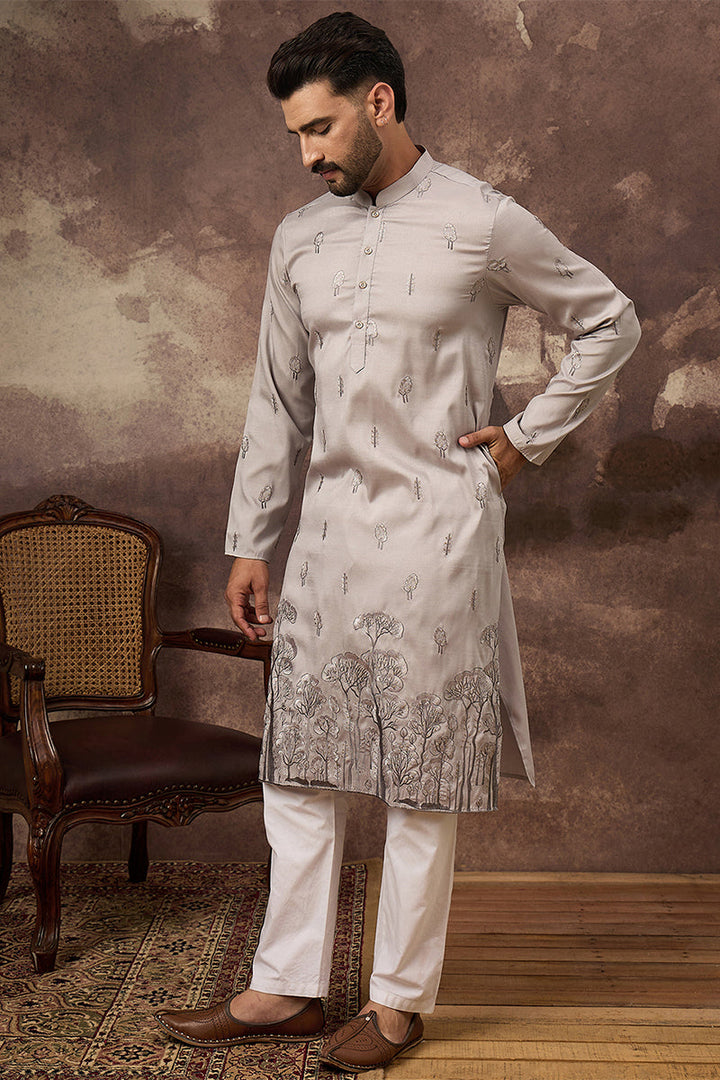 Grey Silk Blend Solid Embroidered Straight Kurta | SHOBITAM