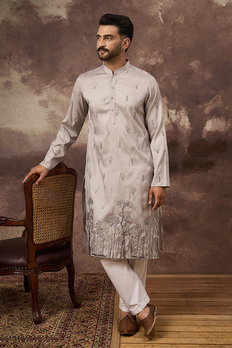 Grey Silk Blend Solid Embroidered Straight Kurta | SHOBITAM