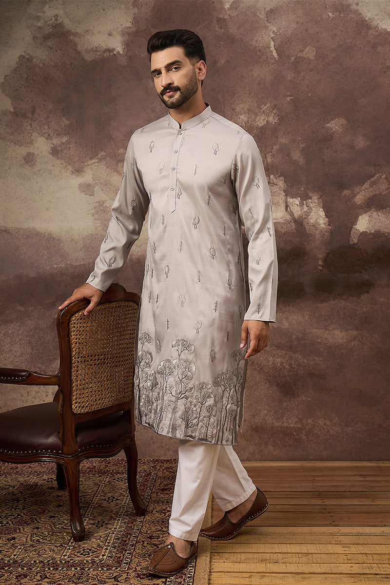 Grey Silk Blend Solid Embroidered Straight Kurta | SHOBITAM
