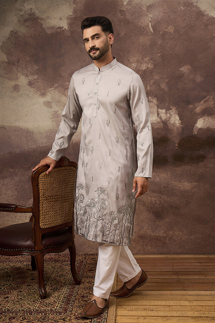 Grey Silk Blend Solid Embroidered Straight Kurta | SHOBITAM