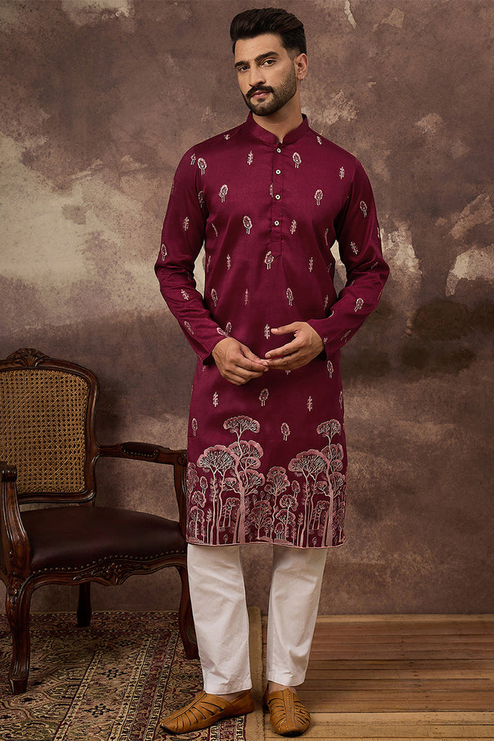 Maroon Silk Blend Solid Embroidered Straight Kurta | SHOBITAM