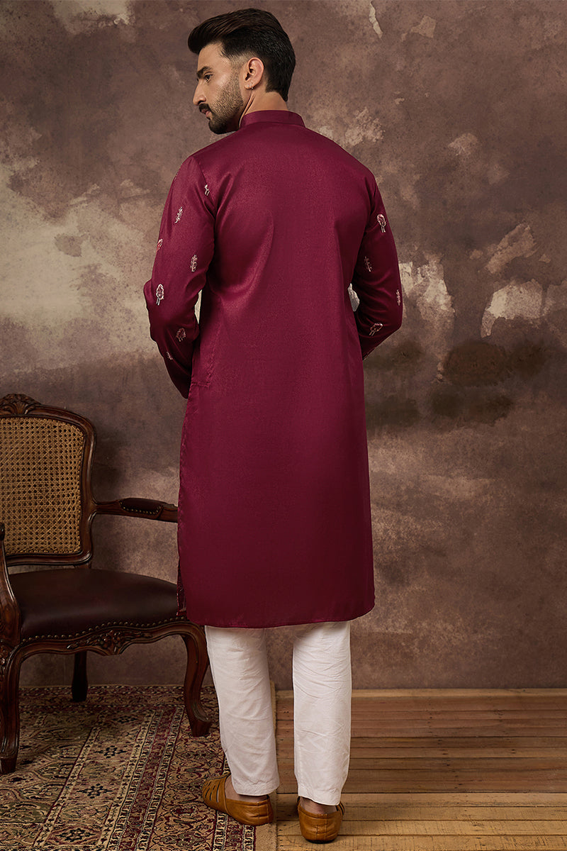 Maroon Silk Blend Solid Embroidered Straight Kurta | SHOBITAM