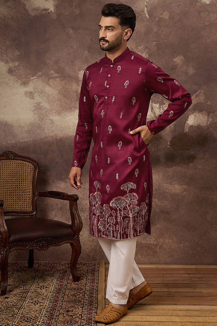 Maroon Silk Blend Solid Embroidered Straight Kurta | SHOBITAM