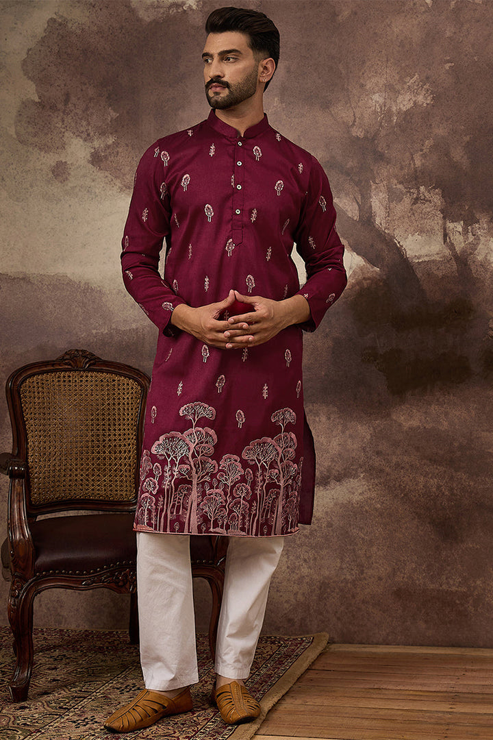 Maroon Silk Blend Solid Embroidered Straight Kurta | SHOBITAM