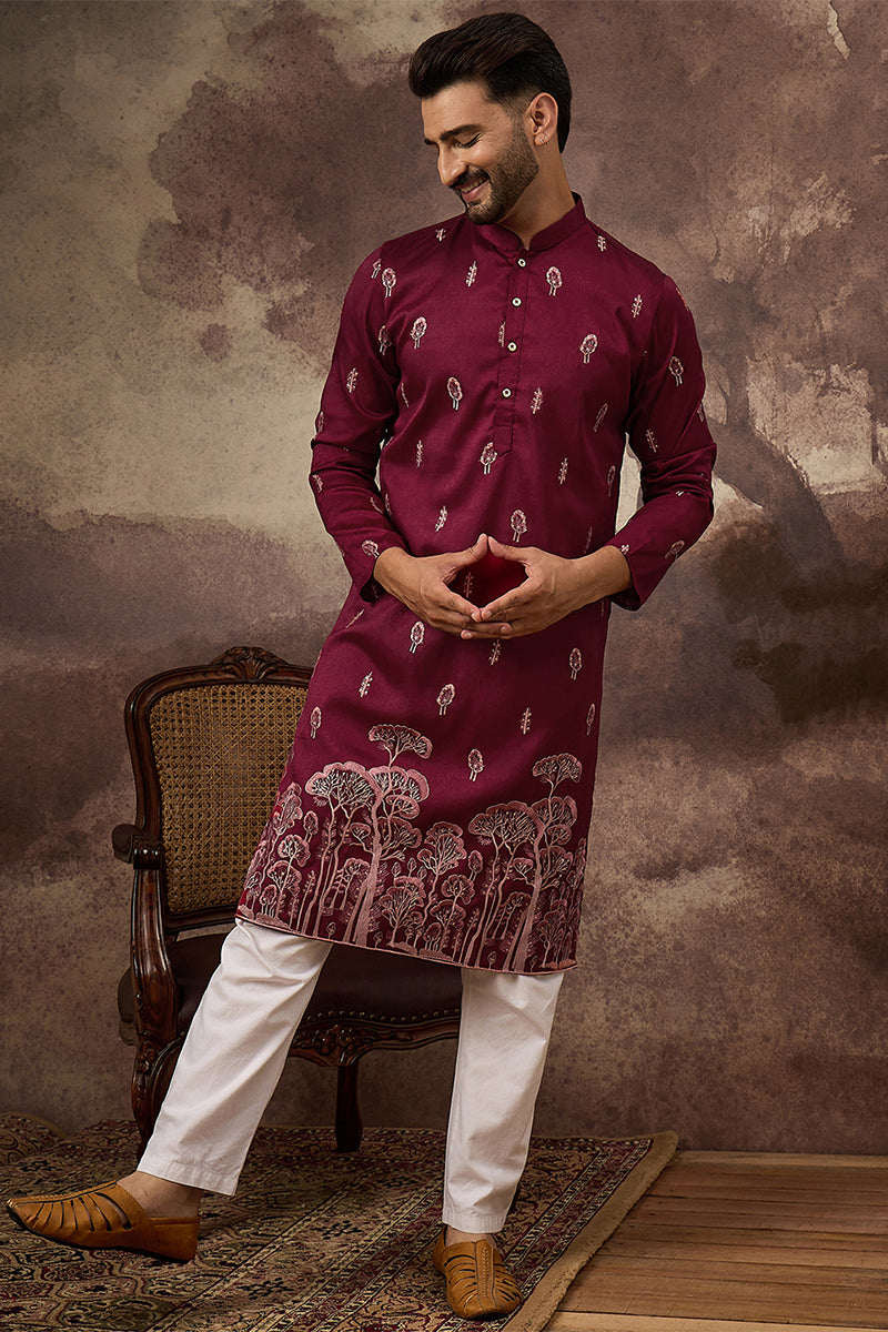 Maroon Silk Blend Solid Embroidered Straight Kurta | SHOBITAM