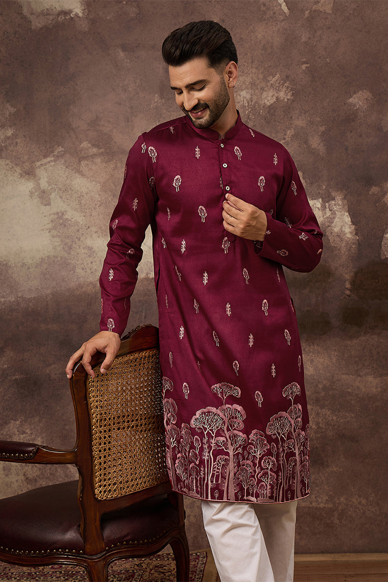 Maroon Silk Blend Solid Embroidered Straight Kurta | SHOBITAM