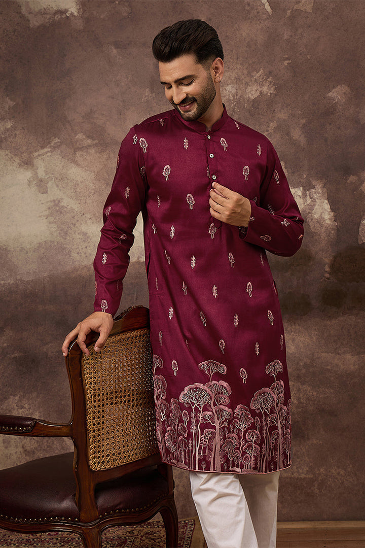 Maroon Silk Blend Solid Embroidered Straight Kurta | SHOBITAM