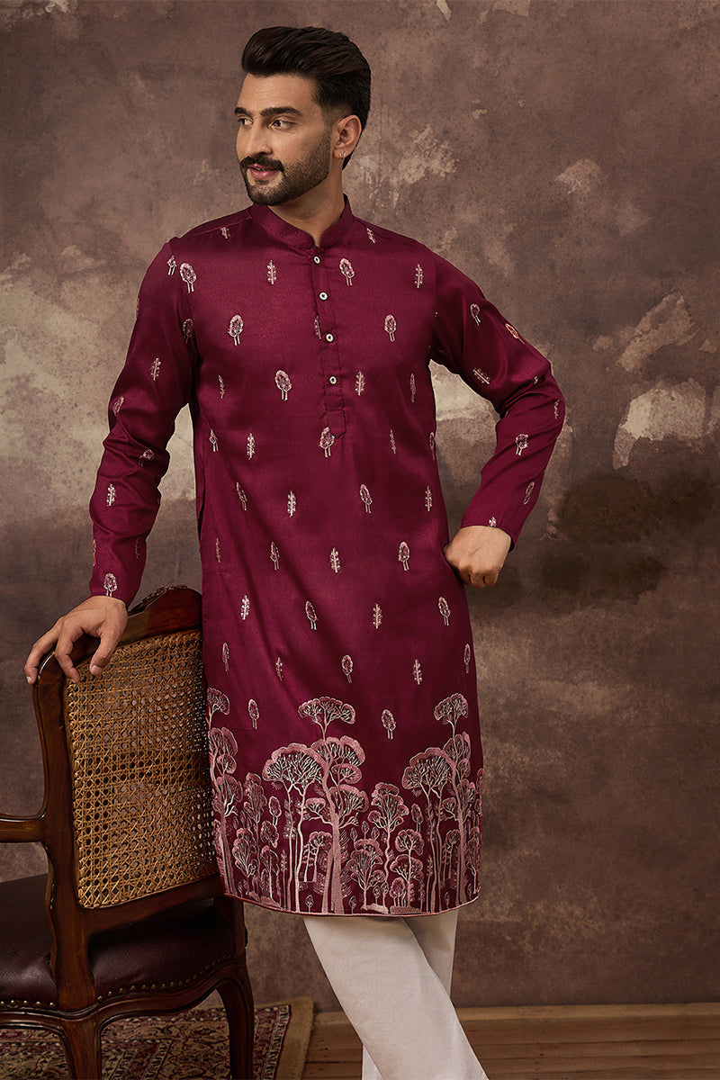 Maroon Silk Blend Solid Embroidered Straight Kurta | SHOBITAM