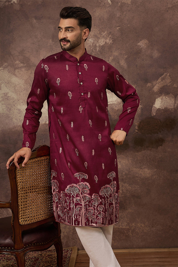 Maroon Silk Blend Solid Embroidered Straight Kurta | SHOBITAM