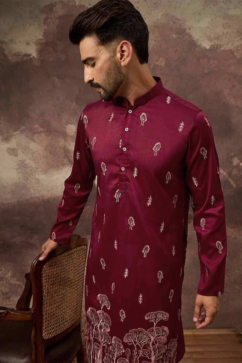 Maroon Silk Blend Solid Embroidered Straight Kurta | SHOBITAM