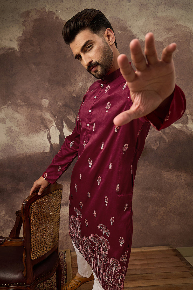 Maroon Silk Blend Solid Embroidered Straight Kurta | SHOBITAM