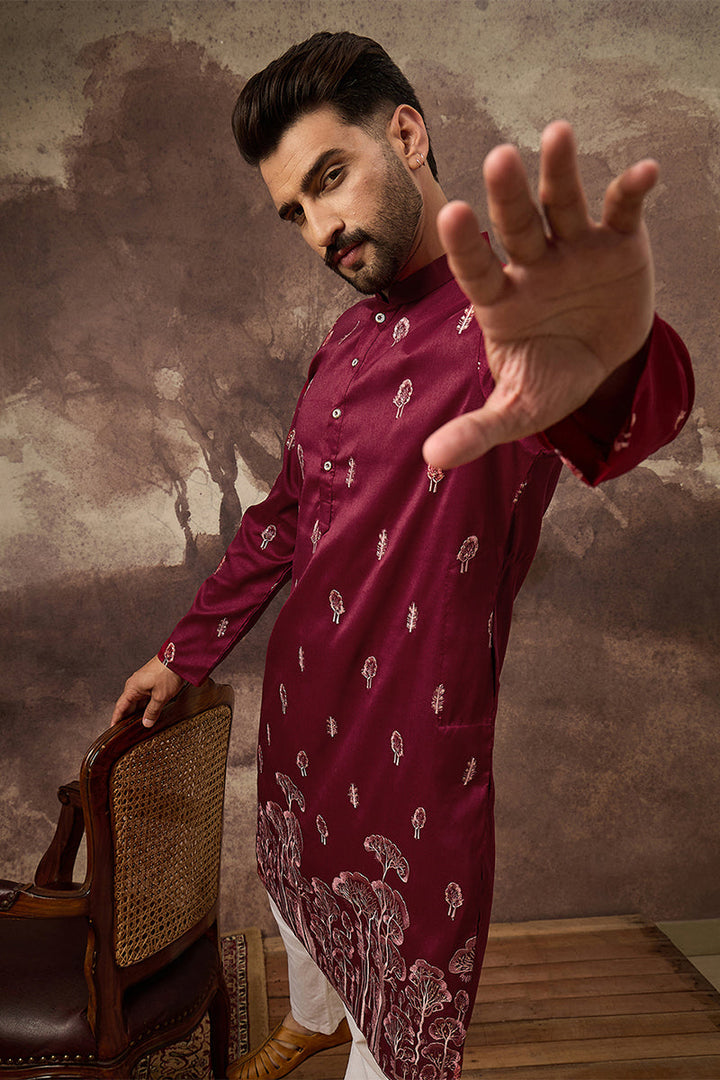 Maroon Silk Blend Solid Embroidered Straight Kurta | SHOBITAM