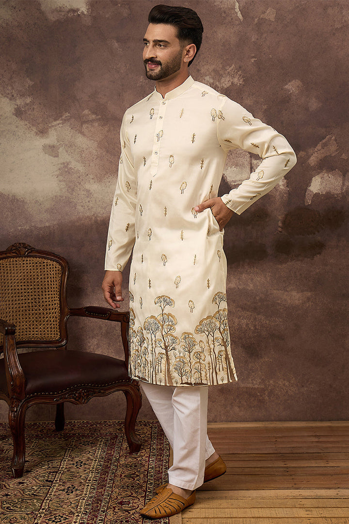 White Silk Blend Solid Embroidered Straight Kurta | SHOBITAM