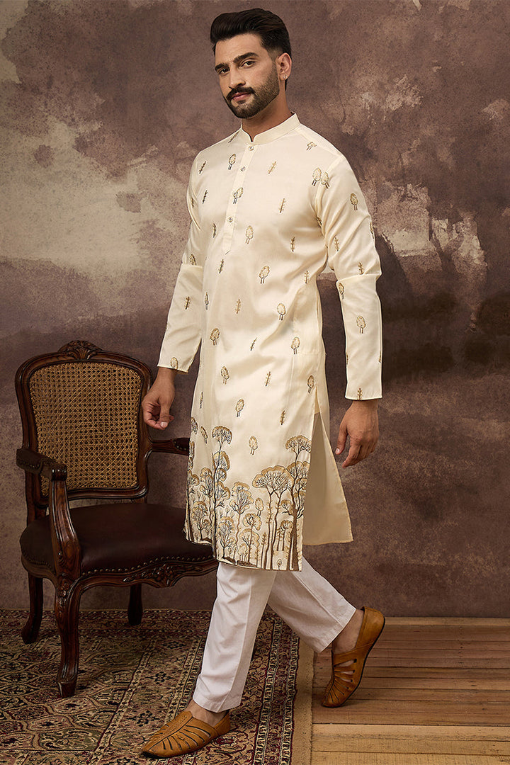 White Silk Blend Solid Embroidered Straight Kurta | SHOBITAM