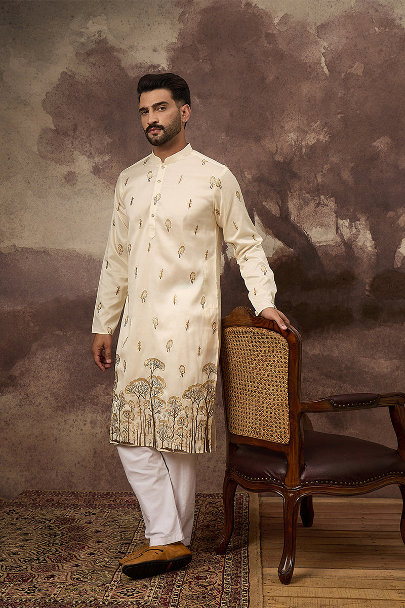 White Silk Blend Solid Embroidered Straight Kurta | SHOBITAM