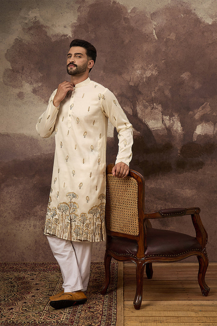 White Silk Blend Solid Embroidered Straight Kurta | SHOBITAM
