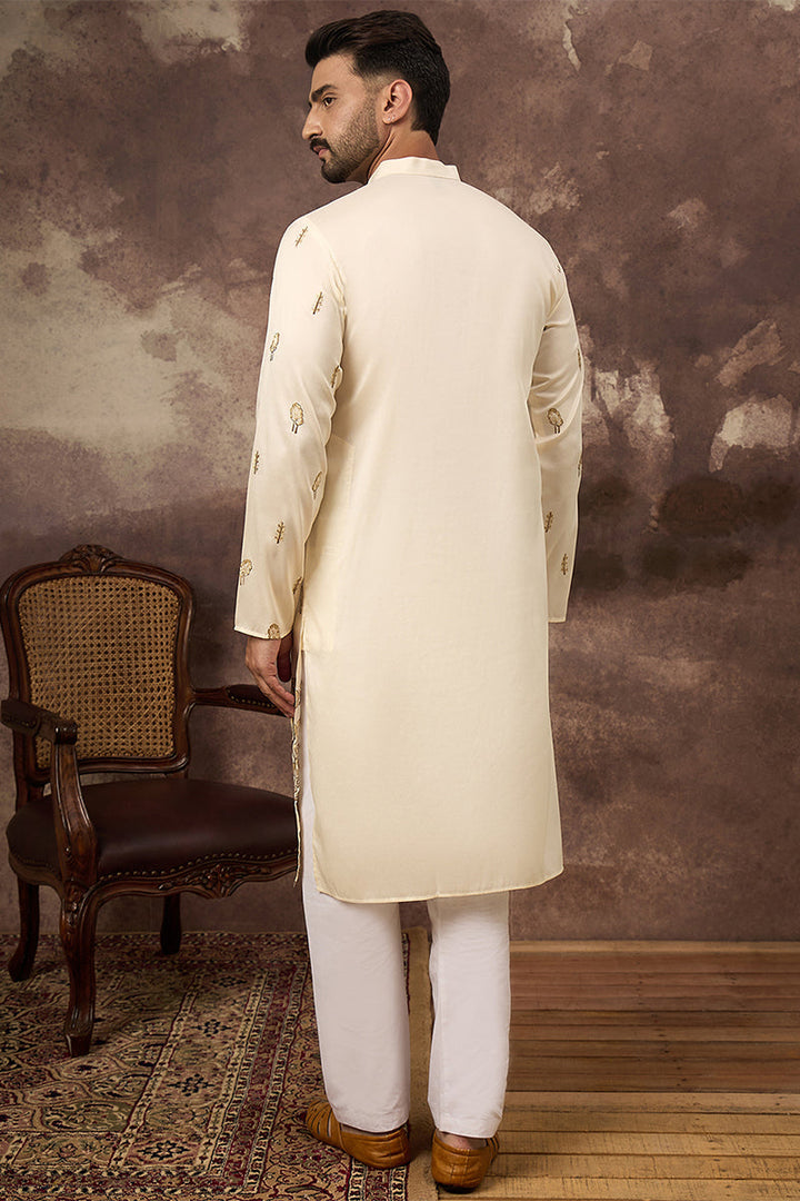 White Silk Blend Solid Embroidered Straight Kurta | SHOBITAM