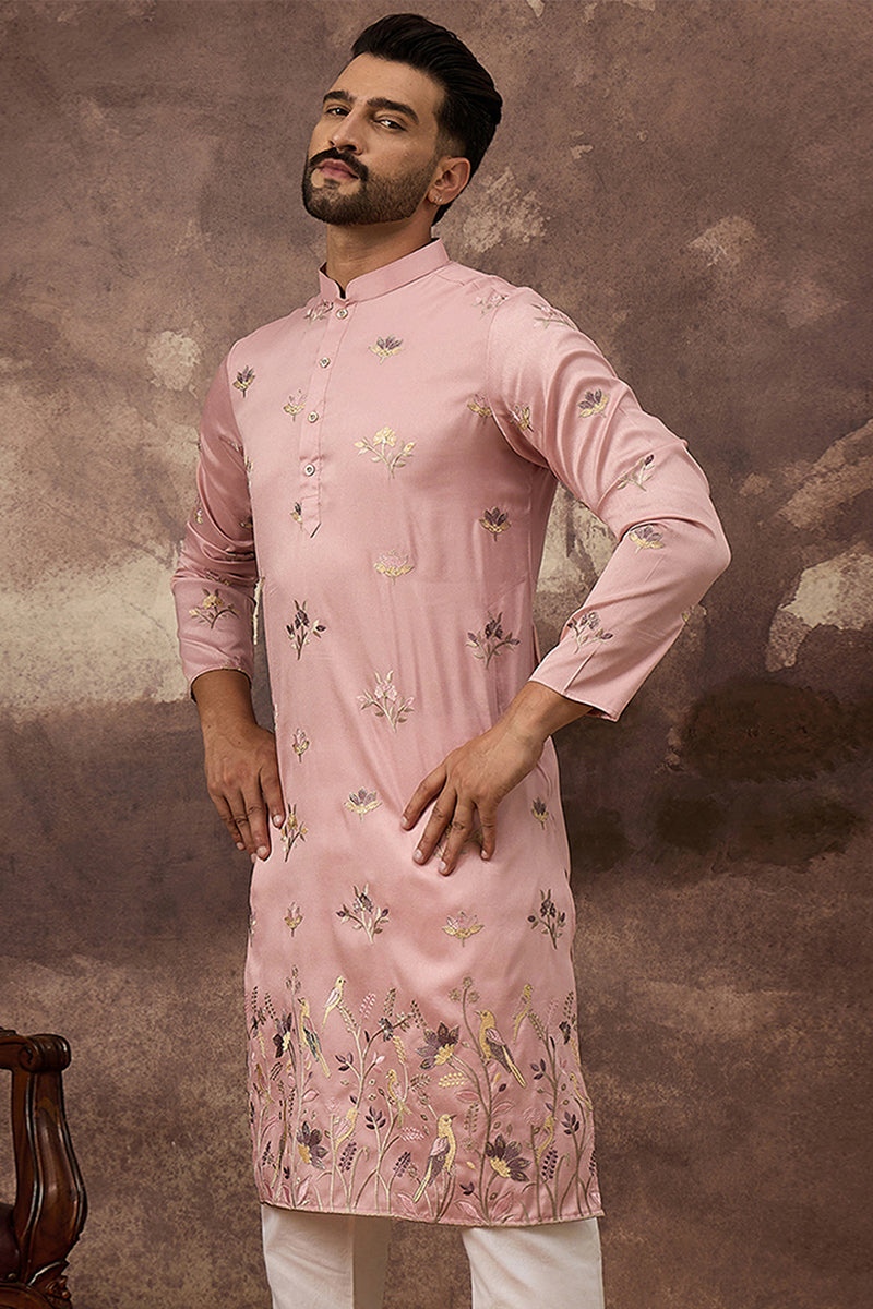 Peach Silk Blend Solid Embroidered Straight Kurta | Shobtiam