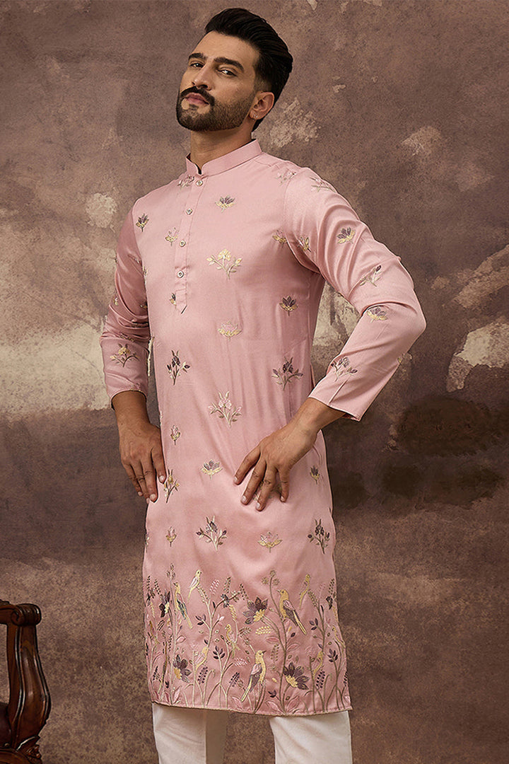 Peach Silk Blend Solid Embroidered Straight Kurta | Shobtiam