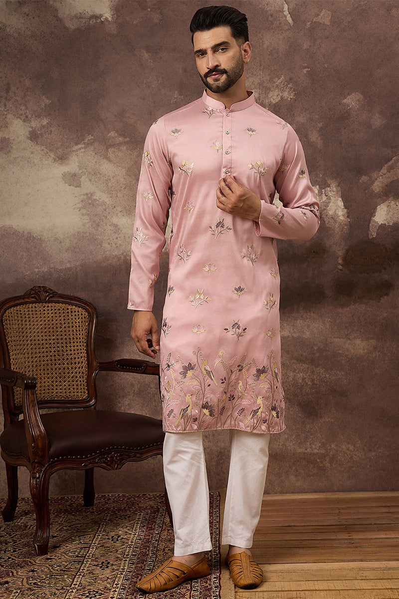 Peach Silk Blend Solid Embroidered Straight Kurta | Shobtiam