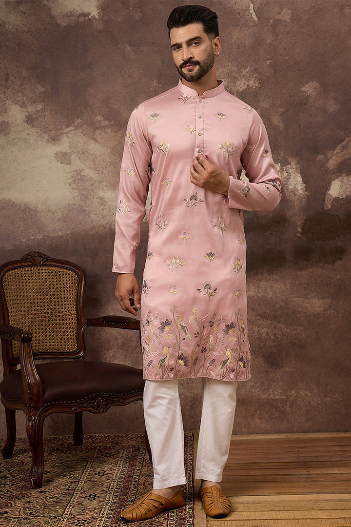 Peach Silk Blend Solid Embroidered Straight Kurta | Shobtiam