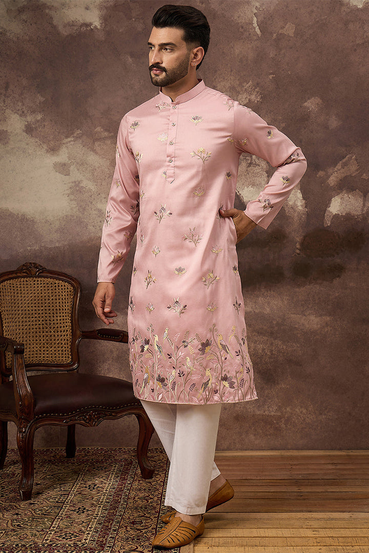 Peach Silk Blend Solid Embroidered Straight Kurta | Shobtiam