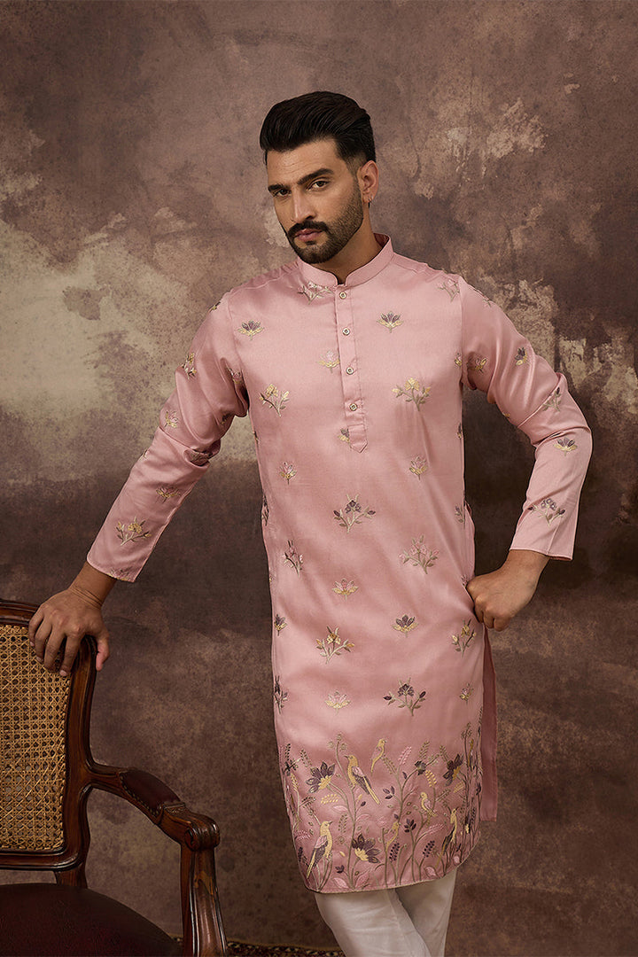 Peach Silk Blend Solid Embroidered Straight Kurta | Shobtiam