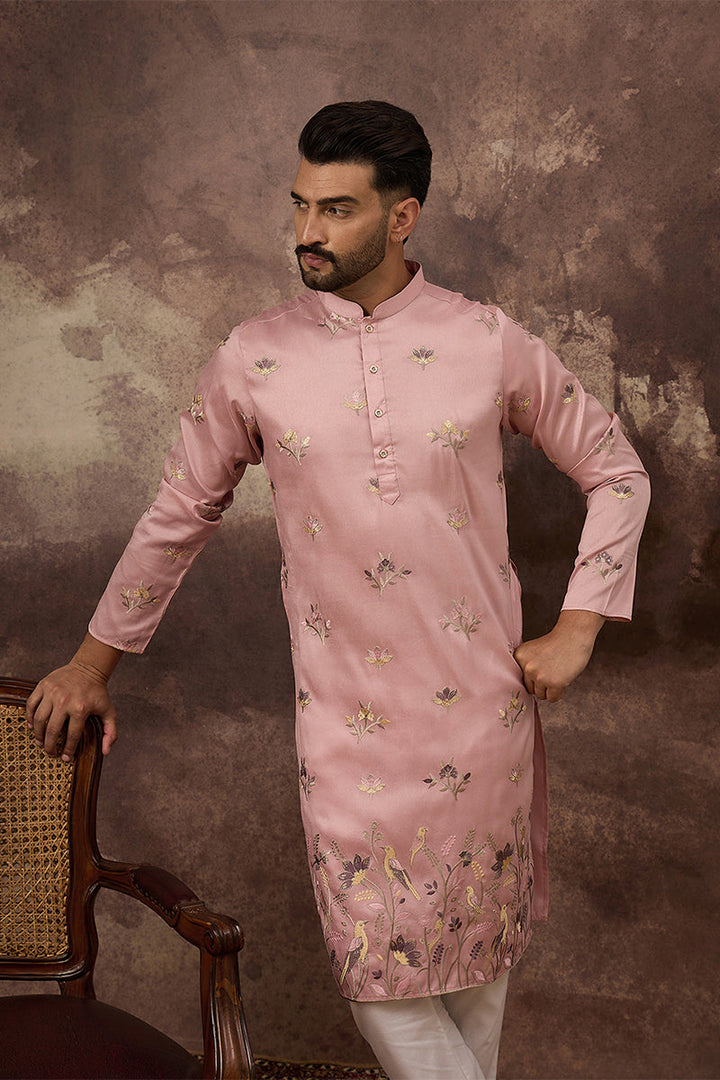 Peach Silk Blend Solid Embroidered Straight Kurta | Shobtiam