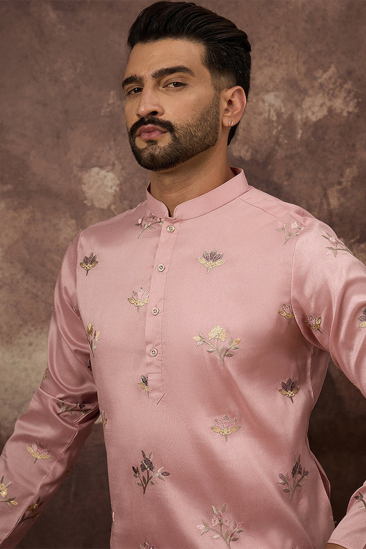 Peach Silk Blend Solid Embroidered Straight Kurta | Shobtiam