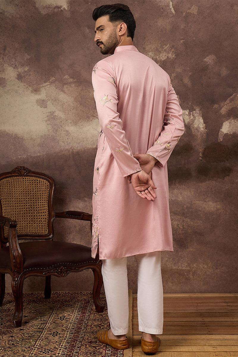 Peach Silk Blend Solid Embroidered Straight Kurta | Shobtiam