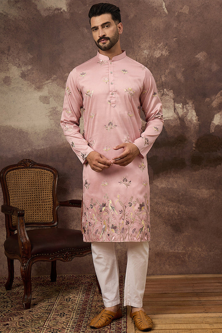 Peach Silk Blend Solid Embroidered Straight Kurta | Shobtiam