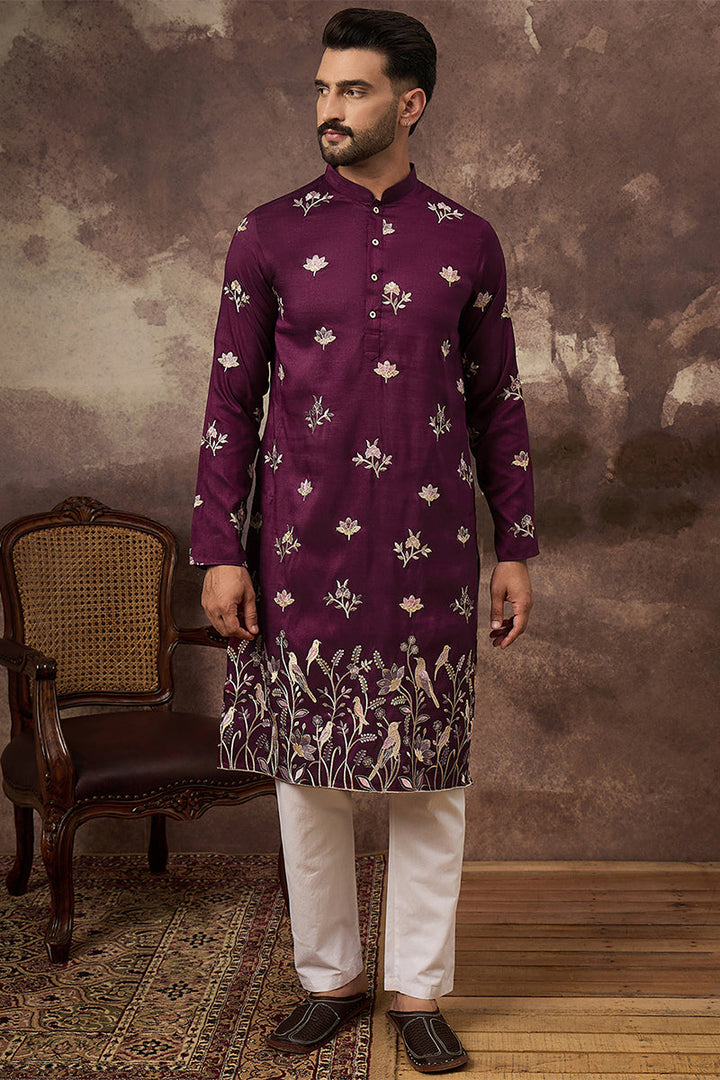 Purple Silk Blend Solid Embroidered Straight Kurta For Men | SHOBITAM