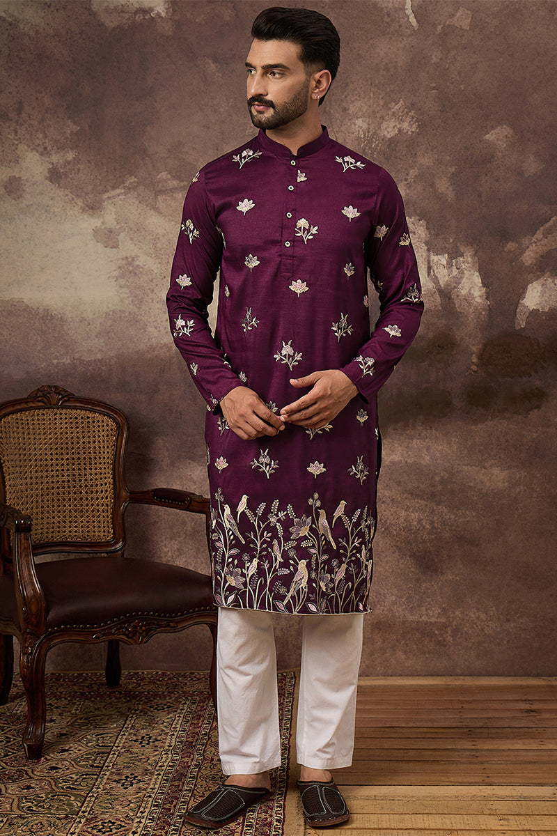 Purple Silk Blend Solid Embroidered Straight Kurta For Men | SHOBITAM