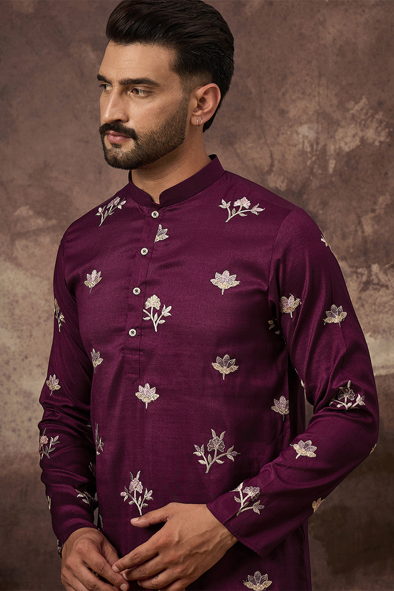 Purple Silk Blend Solid Embroidered Straight Kurta For Men | SHOBITAM