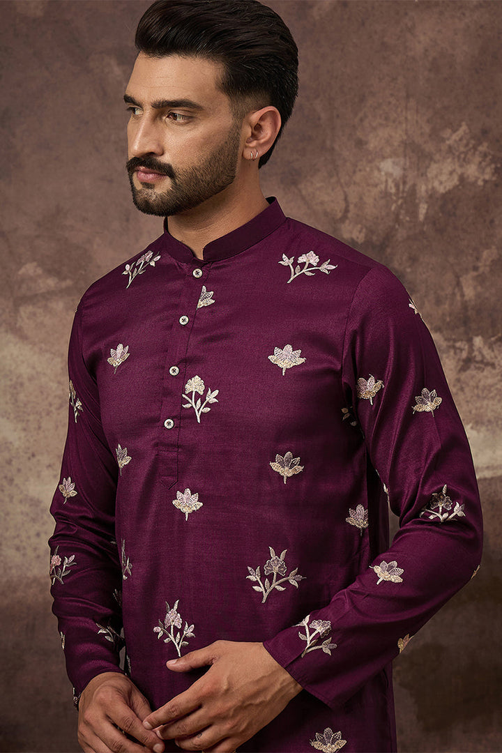 Purple Silk Blend Solid Embroidered Straight Kurta For Men | SHOBITAM