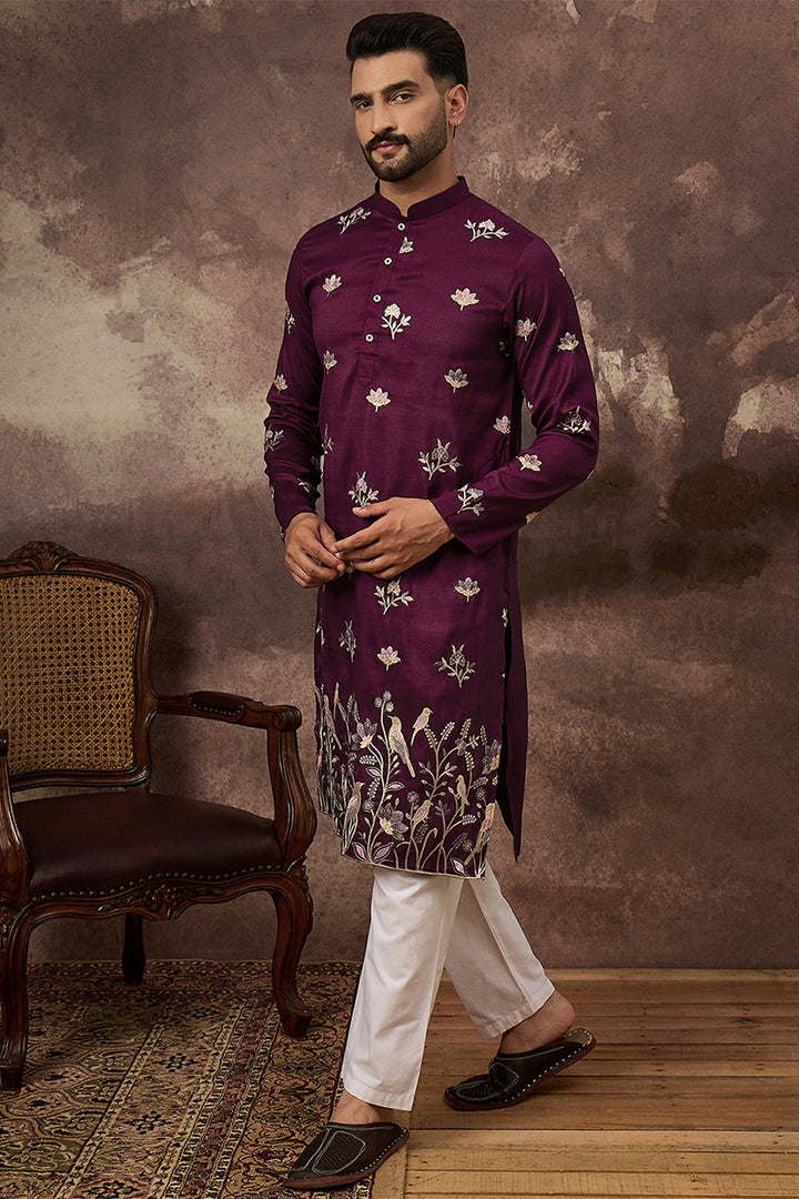 Purple Silk Blend Solid Embroidered Straight Kurta For Men | SHOBITAM