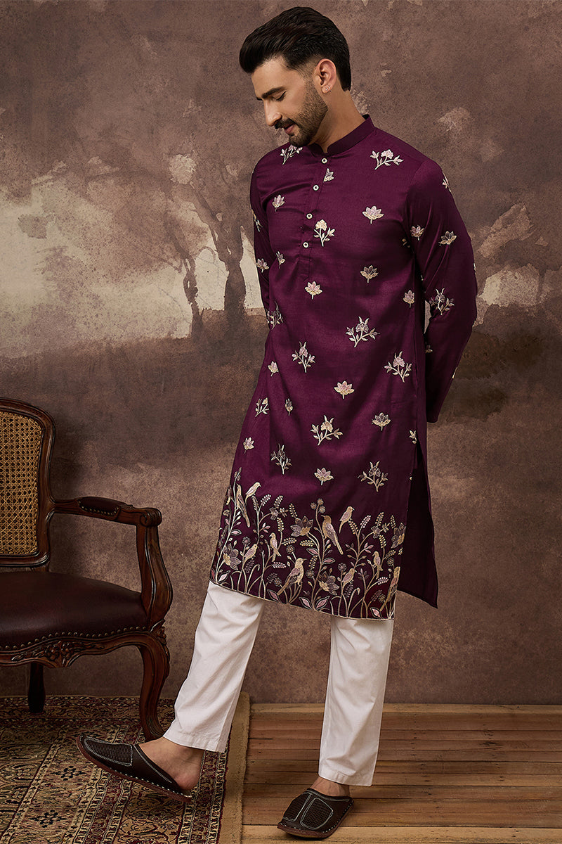 Purple Silk Blend Solid Embroidered Straight Kurta For Men | SHOBITAM