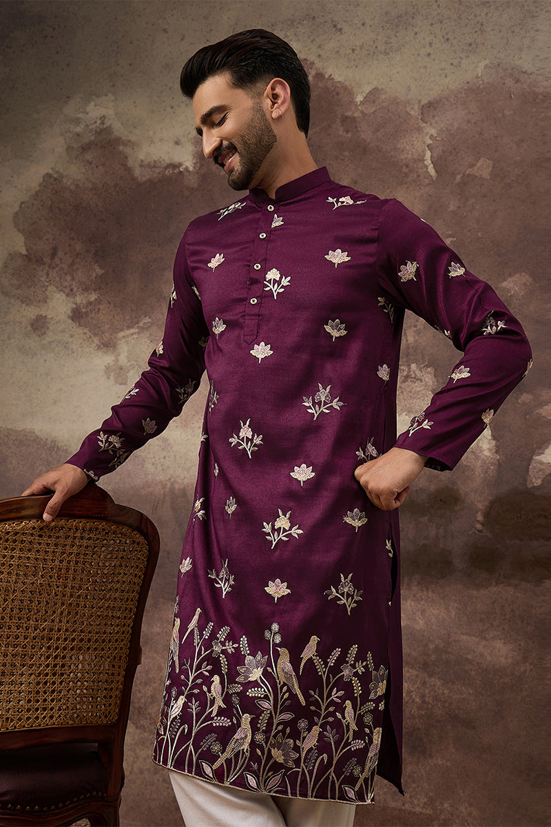 Purple Silk Blend Solid Embroidered Straight Kurta For Men | SHOBITAM