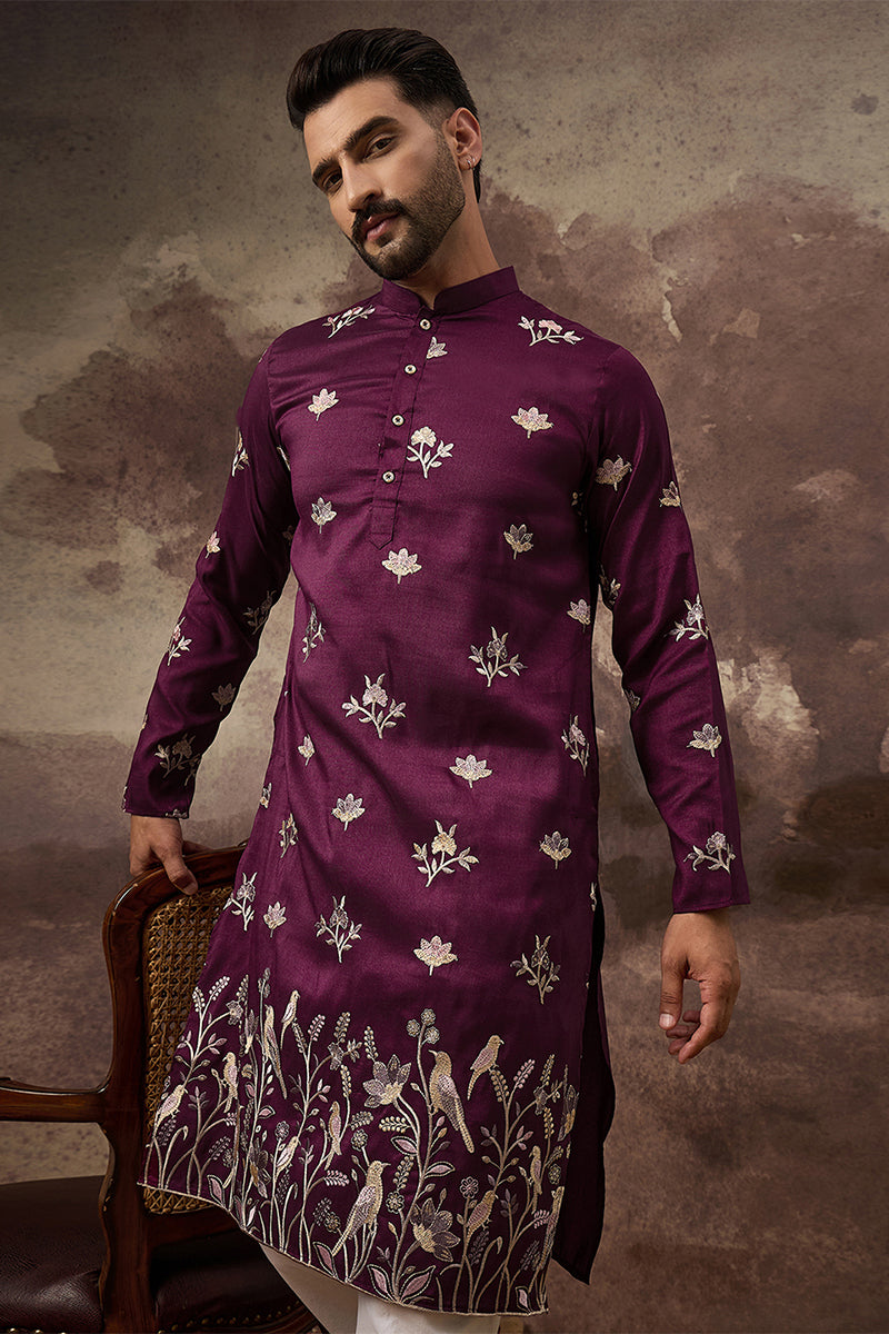 Purple Silk Blend Solid Embroidered Straight Kurta For Men | SHOBITAM