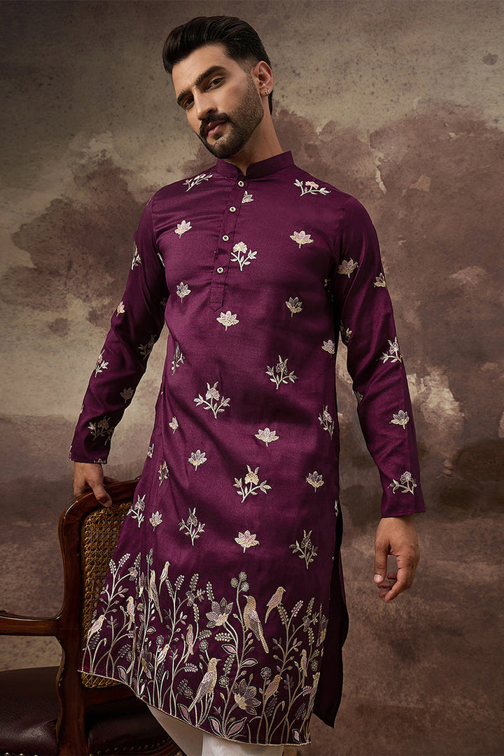 Purple Silk Blend Solid Embroidered Straight Kurta For Men | SHOBITAM