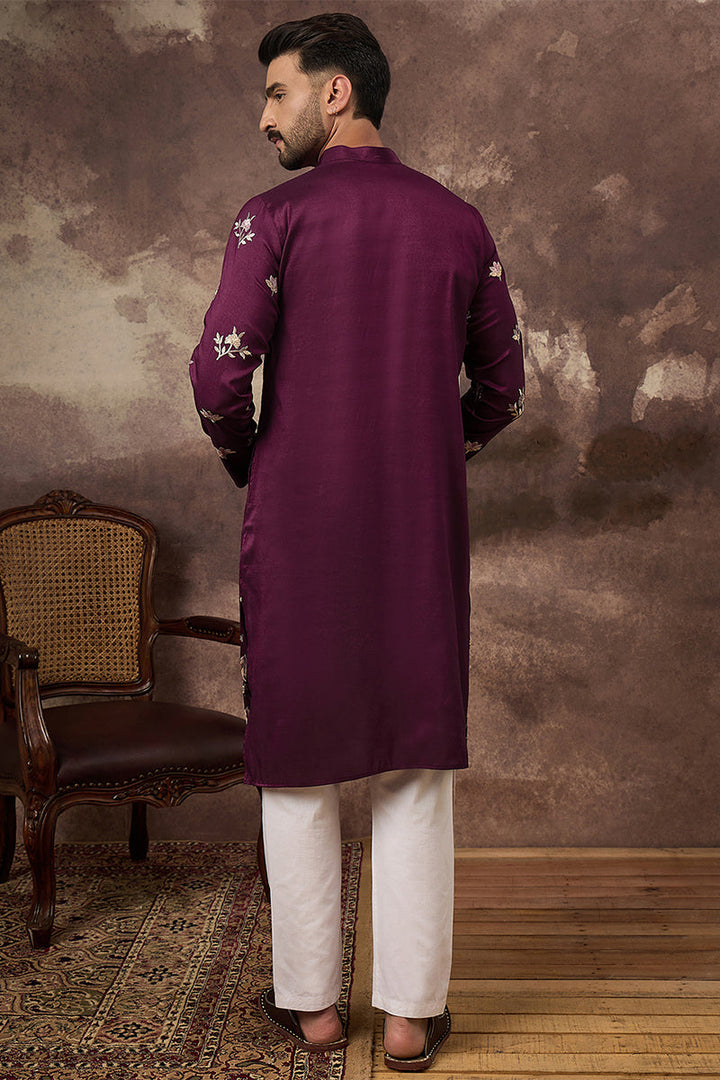 Purple Silk Blend Solid Embroidered Straight Kurta For Men | SHOBITAM