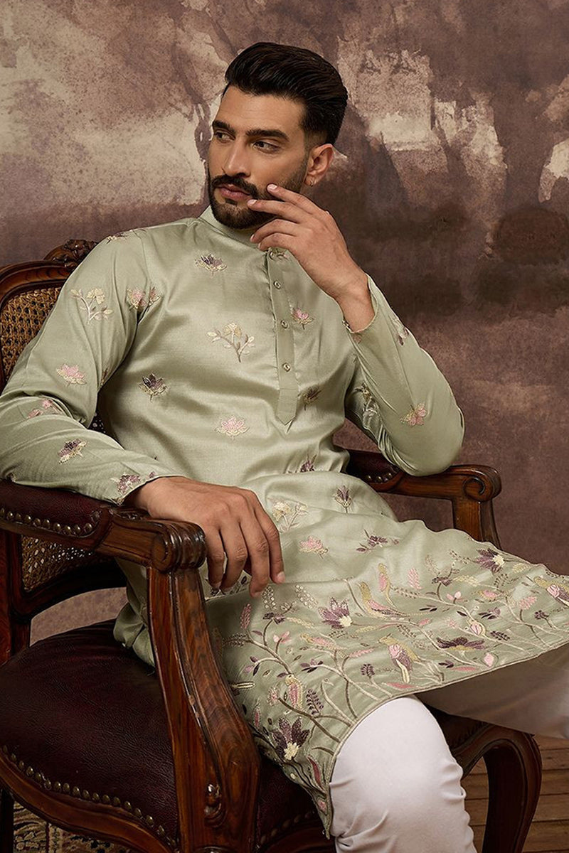 Green Silk Blend Solid Embroidered Straight Kurta | SHOBITAM