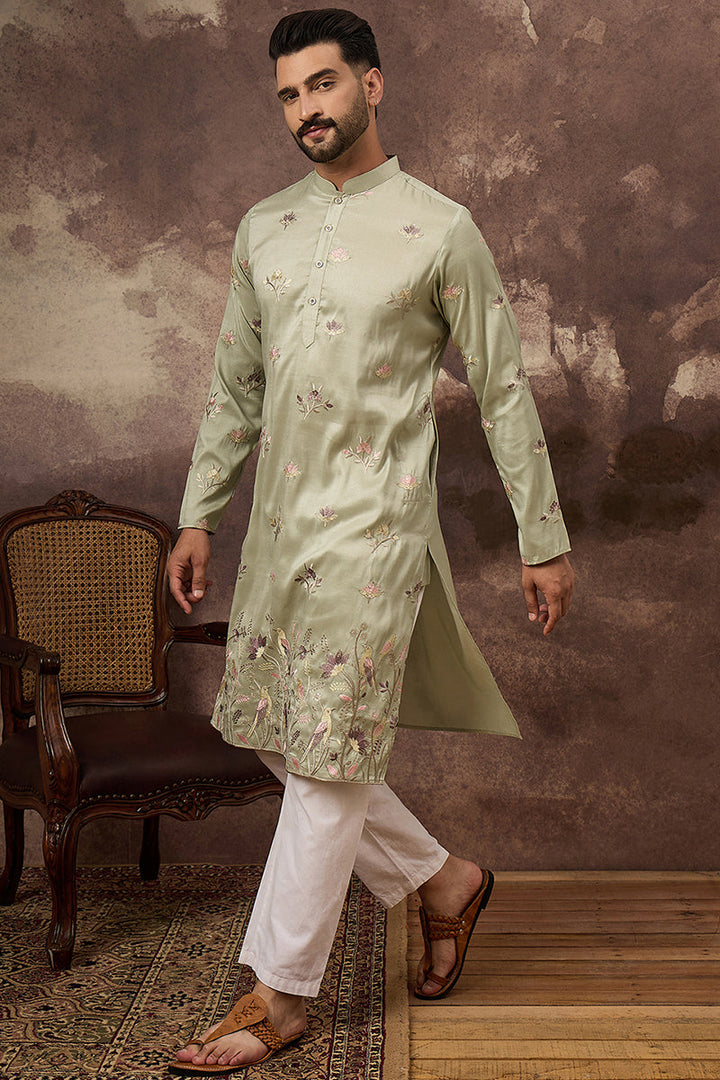 Green Silk Blend Solid Embroidered Straight Kurta | SHOBITAM