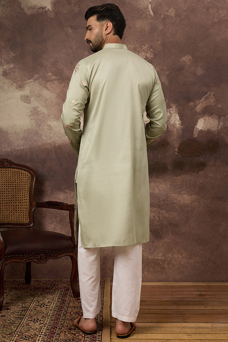 Green Silk Blend Solid Embroidered Straight Kurta | SHOBITAM