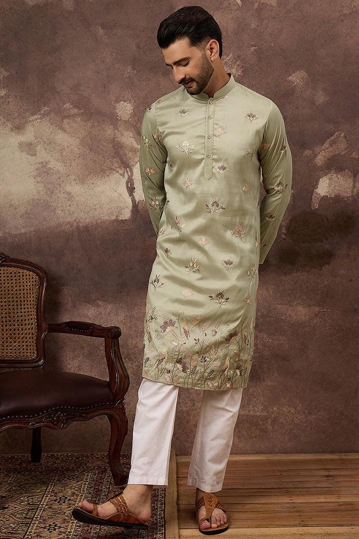 Green Silk Blend Solid Embroidered Straight Kurta | SHOBITAM